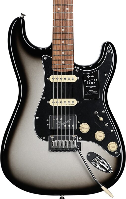 Fender Player Plus Stratocaster HSS Electric Guitar, Pau Ferro Fingerboard (with Gig Bag), Silverburst, Body Straight Front