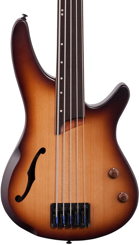 Ibanez SRH505 Bass Workshop Fretless Electric Bass, 5-String, Natural Brown Burst Flat, Body Straight Front