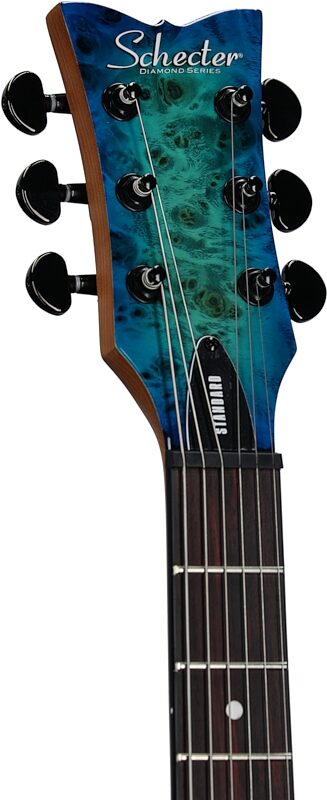 Schecter Solo II Standard Electric Guitar, Ocean Blue Burst Burl, Headstock Left Front