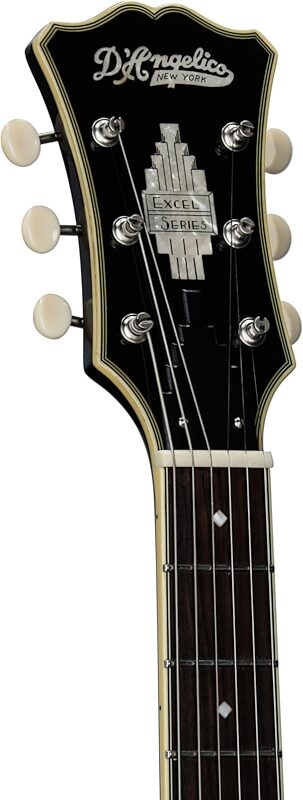 D'Angelico Excel Mini DC Tour Electric Guitar (with Gig Bag), Solid Black, Headstock Left Front