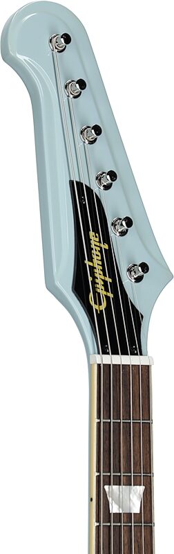 Epiphone 1963 Firebird V Electric Guitar (with Hard Case), Frost Blue, Headstock Left Front