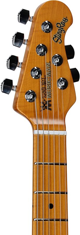 Ernie Ball Music Man Dustin Kensrue StingRay Electric Guitar, Deep Satin Burst, Headstock Left Front