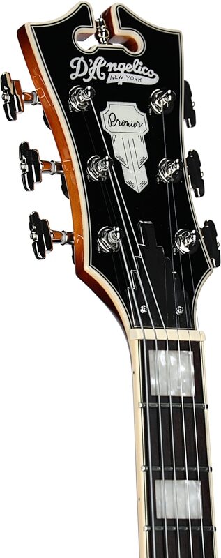 D'Angelico Premier SS Electric Guitar (with Gig Bag), Dark Iced Tea Burst, Headstock Left Front