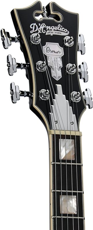 D'Angelico Premier Mini Double-Cutaway Electric Guitar (with Gig Bag), Black Flake, Headstock Left Front