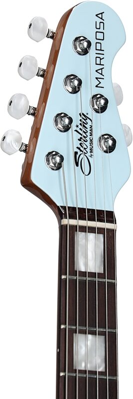 Sterling by Music Man Mariposa Electric Guitar, Daphne Blue, Headstock Left Front