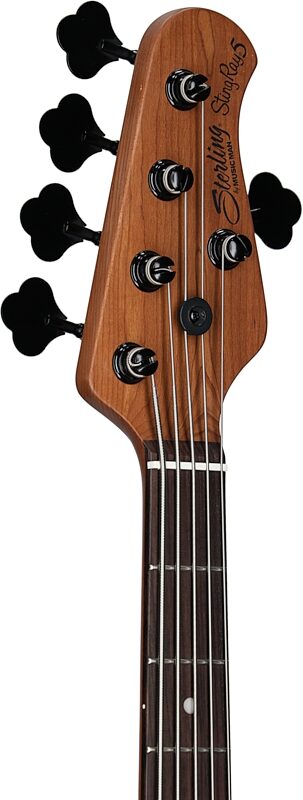 Sterling by Music Man Ray35HH Spalted Maple Electric Bass (with Gig Bag), Blood Orange Burst, Headstock Left Front