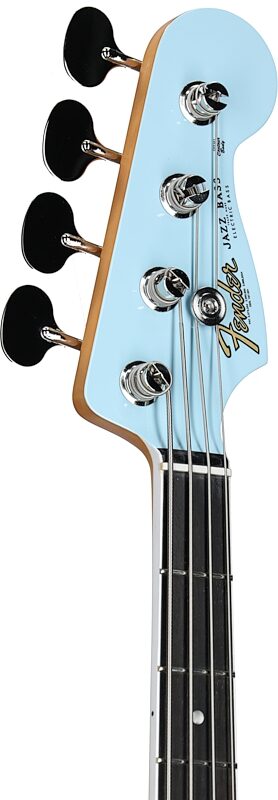 Fender Gold Foil Jazz Bass Guitar (with Gig Bag), Sonic Blue, Headstock Left Front