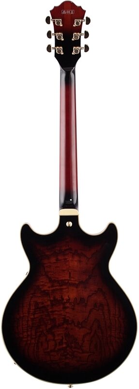 Ibanez Artstar AM153QA Semi-Hollowbody Electric Guitar (with Case), Dark Brown Sunburst, Full Straight Back