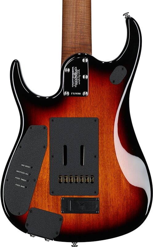 Ernie Ball Music Man John Petrucci JP15 7 Electric Guitar (with Case), Tiger Eye Quilt, Serial Number F97488, Body Straight Back