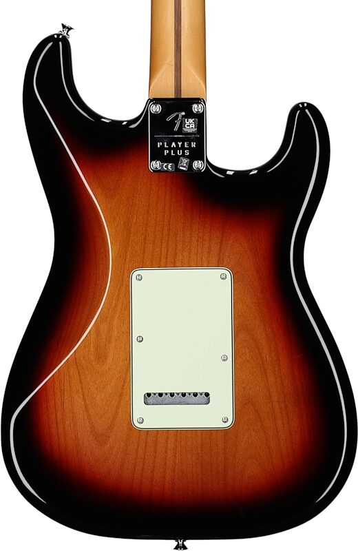 Fender Player Plus Stratocaster Electric Guitar, Left Handed (with Gig Bag), 3-Color Sunburst, Body Straight Back