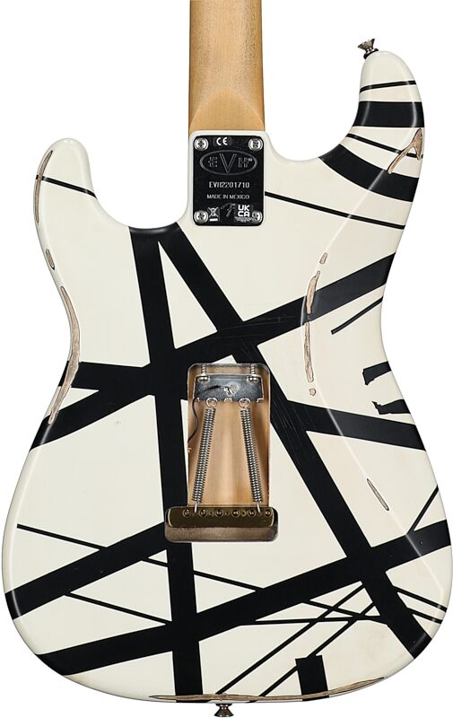 EVH Eddie Van Halen Striped '78 Eruption Electric Guitar (with Gig Bag), White and Black, Body Straight Back
