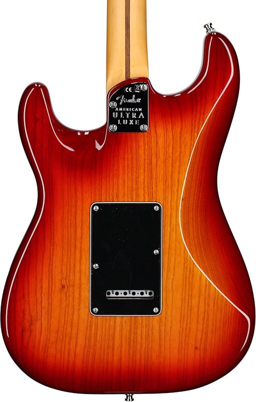 Fender American Ultra Luxe Stratocaster Electric Guitar, Maple Fingerboard (with Case), Plasma Red Burst, Body Straight Back