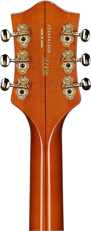 Gretsch G6120TGQM-56 Limited Edition Quilt Classic Hollow Body Electric Guitar (with Case), Roundup Orange Stain Lacquer, Serial Number JT24041009, Headstock Straight Back