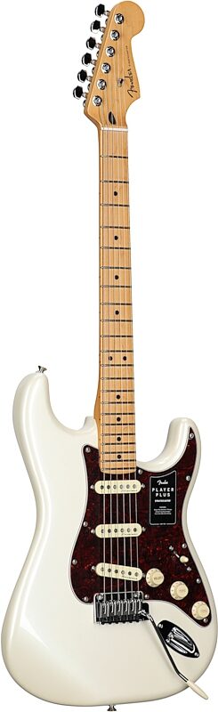 Fender Player Plus Stratocaster Electric Guitar, Maple Fingerboard (with Gig Bag), Olympic Pearl, Body Left Front