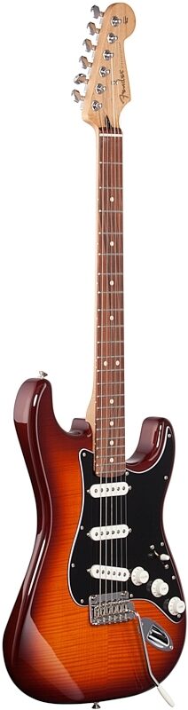 Fender Player Stratocaster Plus Top Pau Ferro Electric Guitar, Tobacco Sunburst, Body Left Front
