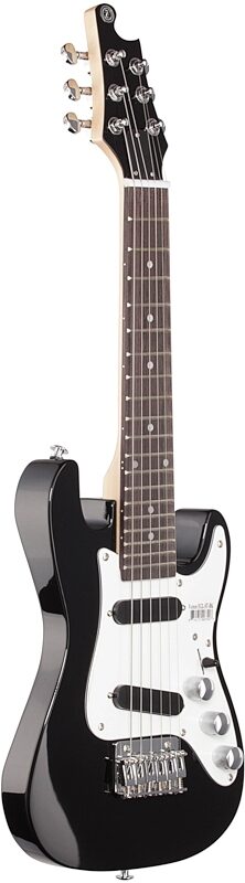 Vorson S-Style Guitarlele Travel Electric Guitar (with Gig Bag), Black, Body Left Front
