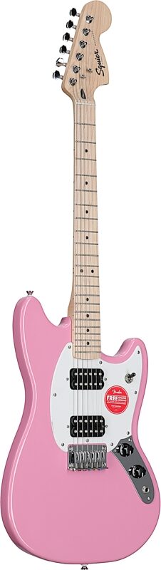 Squier Sonic Mustang HH Electric Guitar, Maple Fingerboard, Flash Pink, Body Left Front