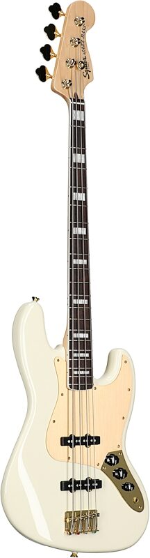 Squier 40th Anniversary Jazz Gold Edition Electric Bass, with Laurel Fingerboard, Olympic White, Body Left Front