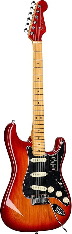 Fender American Ultra Luxe Stratocaster Electric Guitar, Maple Fingerboard (with Case), Plasma Red Burst, Body Left Front
