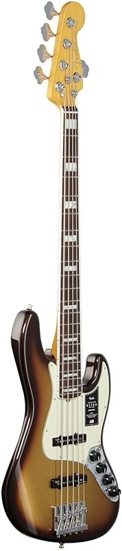 Fender American Ultra Jazz V Electric Bass, 5-String, Rosewood Fingerboard (with Case), Mocha Burst, Body Left Front