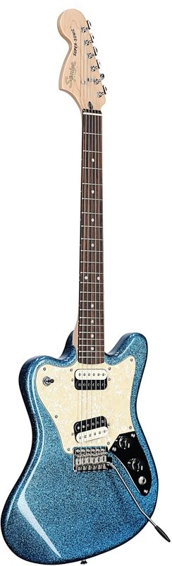 Squier Paranormal Super-Sonic Electric Guitar, with Laurel Fingerboard, Blue Sparkle, Body Left Front