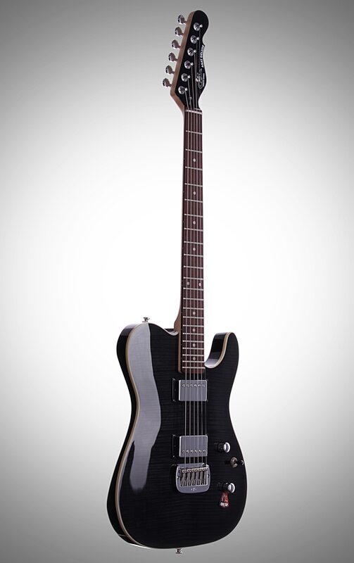 G&L Tribute ASAT Deluxe Carved Top Electric Guitar, Rosewood Fretboard, Transparent Black, Body Left Front