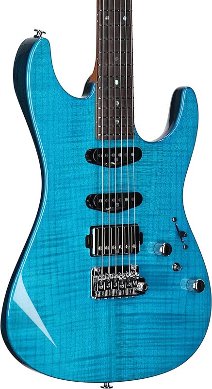 Ibanez MMN-1 Martin Miller Electric Guitar (with Case), Transparent Aqua Blue, Serial Number 210001F2325129, Full Left Front
