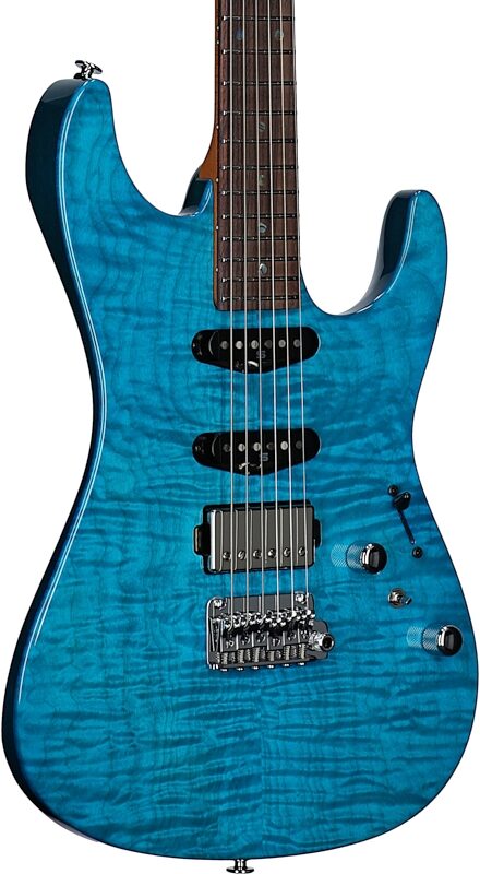 Ibanez MMN-1 Martin Miller Electric Guitar (with Case), Transparent Aqua Blue, Serial Number 210001F2409573, Full Left Front
