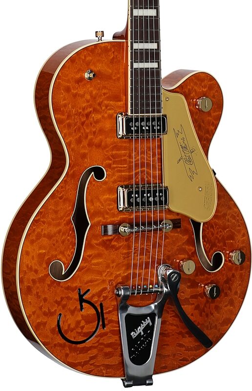 Gretsch G6120TGQM-56 Limited Edition Quilt Classic Hollow Body Electric Guitar (with Case), Roundup Orange Stain Lacquer, Serial Number JT24041009, Full Left Front