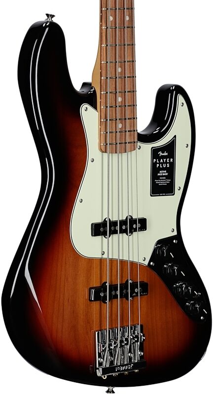 Fender Player Plus Jazz Electric Bass, Pau Ferro Fingerboard (with Gig Bag), 3-Color Sunburst, Full Left Front
