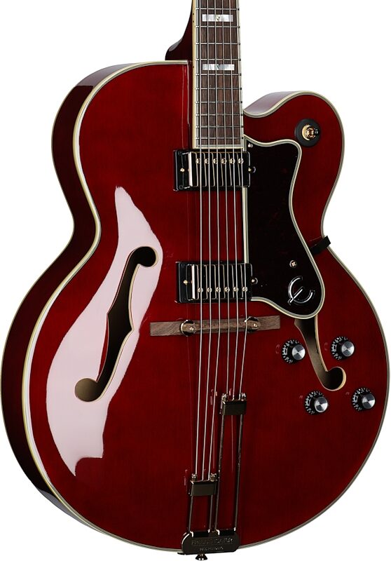 Epiphone Broadway Archtop Hollowbody Electric Guitar (with Gig Bag), Wine Red, Full Left Front