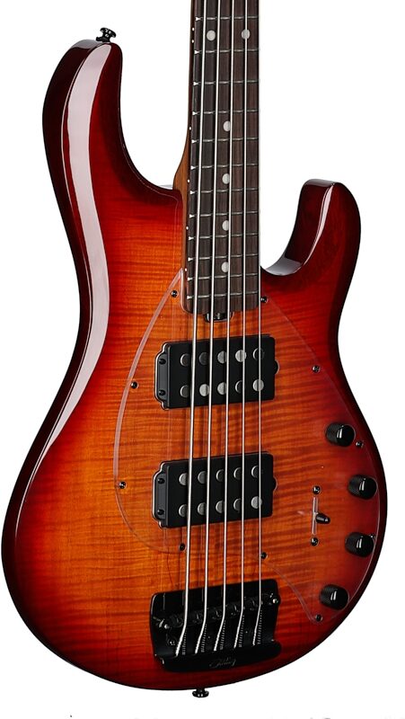 Sterling by Music Man Ray35HH Spalted Maple Electric Bass (with Gig Bag), Blood Orange Burst, Full Left Front