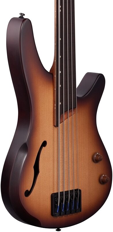 Ibanez SRH505 Bass Workshop Fretless Electric Bass, 5-String, Natural Brown Burst Flat, Full Left Front