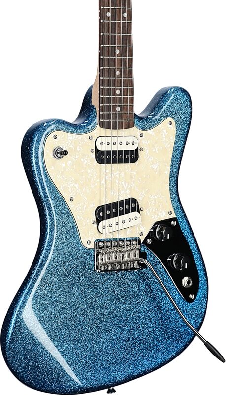 Squier Paranormal Super-Sonic Electric Guitar, with Laurel Fingerboard, Blue Sparkle, Full Left Front