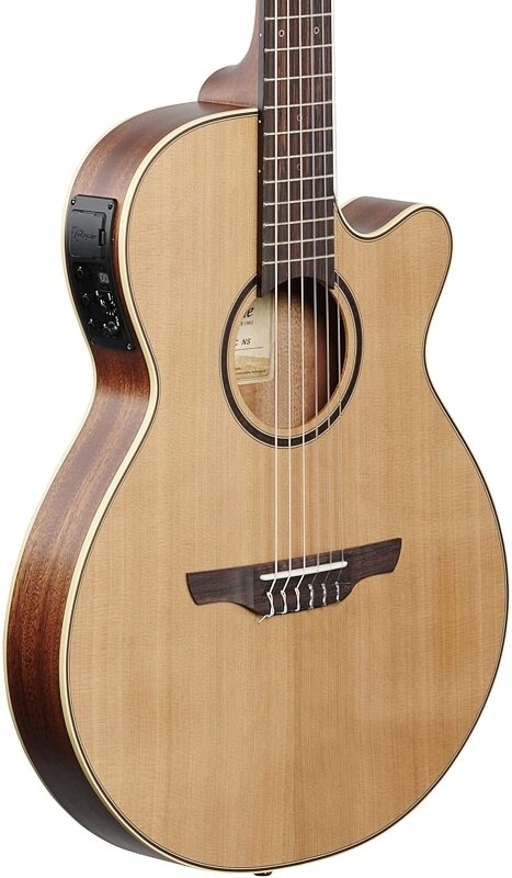 Takamine TSP148N Thinline Nylon Acoustic-Electric Guitar (with Gig Bag), Cedar Natural Satin, Full Left Front