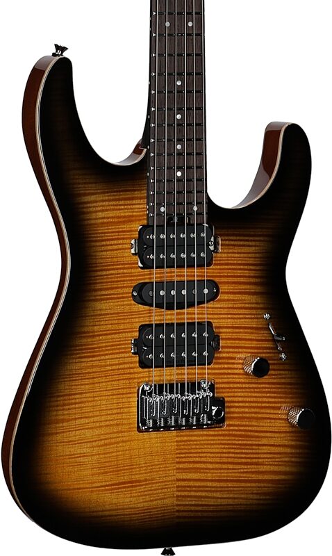 Charvel MJ DK24 HSH 2PT W Mahogany Electric Guitar (with Gig Bag), Flame Maple Antique Burst, Full Left Front
