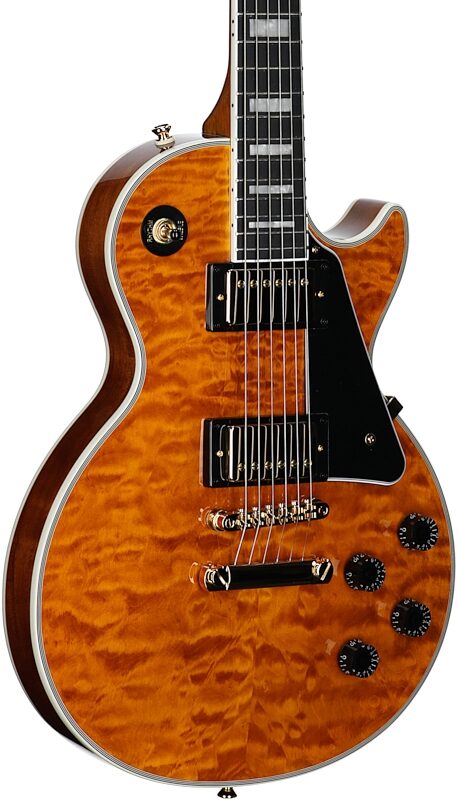 Epiphone Exclusive Les Paul Custom AAA Quilt Top Electric Guitar (with Gig Bag), Transparent Amber, Full Left Front