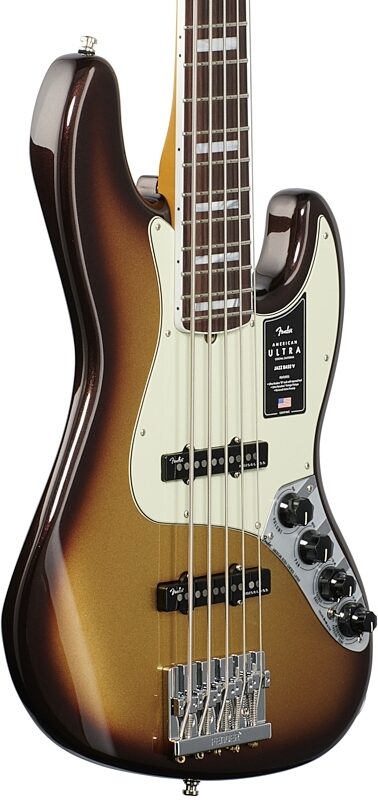 Fender American Ultra Jazz V Electric Bass, 5-String, Rosewood Fingerboard (with Case), Mocha Burst, Full Left Front