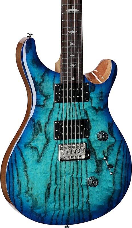 PRS Paul Reed Smith SE Custom 24 Burled Ash Limited Edition Electric Guitar, Swamp Burl Lake Blue, Full Left Front