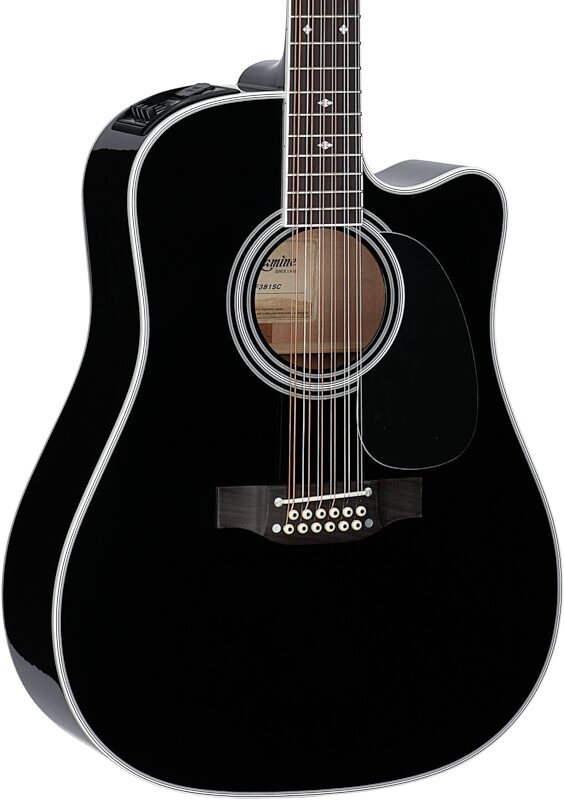 Takamine EF381SC 12-String Dreadnought Cutaway Acoustic-Electric Guitar (with Case), Gloss Black, Full Left Front
