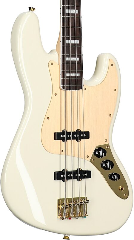 Squier 40th Anniversary Jazz Gold Edition Electric Bass, with Laurel Fingerboard, Olympic White, Full Left Front
