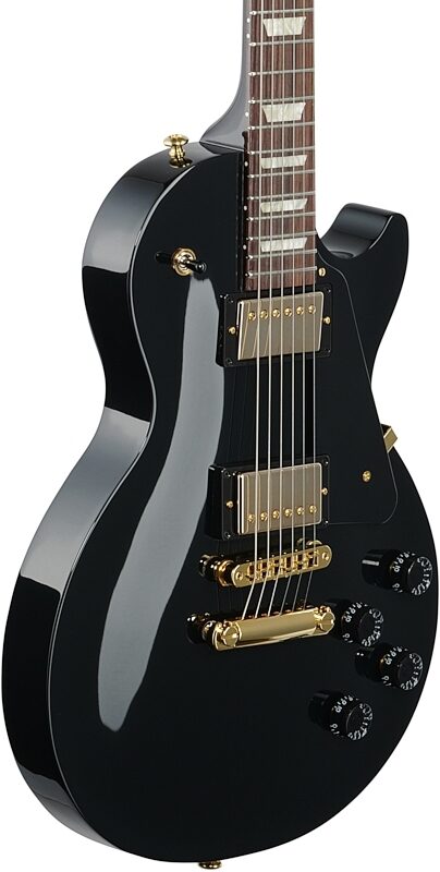 Gibson Exclusive Les Paul Studio Electric Guitar (with Soft Case), Ebony with Gold Hardware, Full Left Front