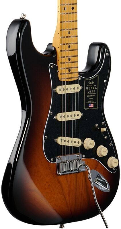 Fender American Ultra Luxe Stratocaster Electric Guitar, Maple Fingerboard (with Case), 2-Color Sunburst, Full Left Front