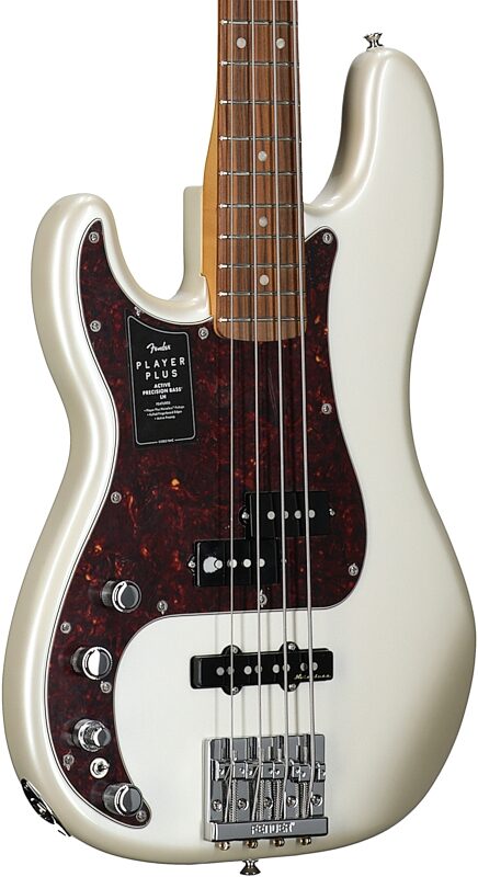 Fender Player Plus Precision Electric Bass, Left-Handed (with Pau Ferro Fingerboard and Gig Bag), Olympic White, Full Left Front