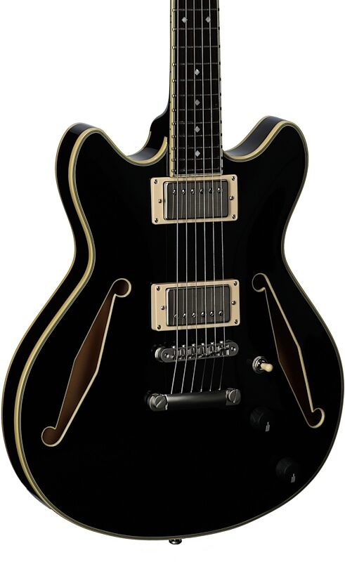 D'Angelico Excel Mini DC Tour Electric Guitar (with Gig Bag), Solid Black, Full Left Front