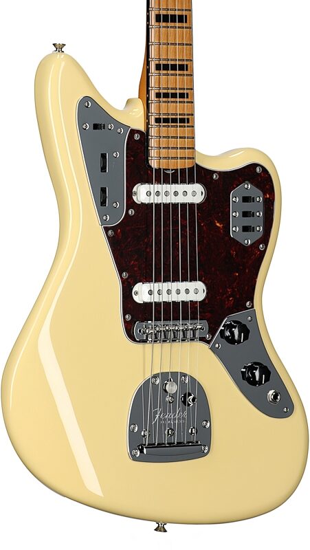 Fender Vintera II '70s Jaguar Electric Guitar, Maple Fingerboard (with Gig Bag), Vintage White, Full Left Front