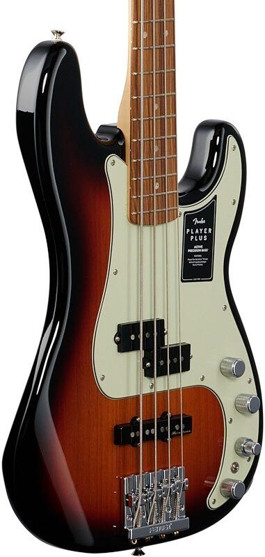Fender Player Plus Precision Electric Bass, Pau Ferro Fingerboard (with Gig Bag), 3-Color Sunburst, Full Left Front