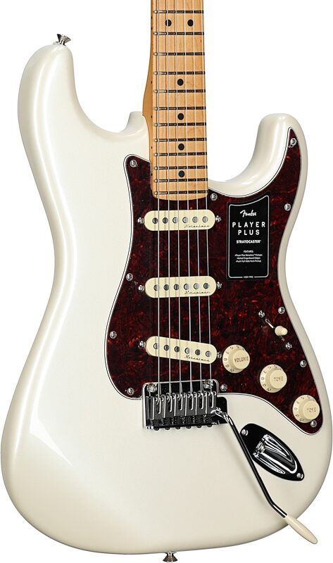 Fender Player Plus Stratocaster Electric Guitar, Maple Fingerboard (with Gig Bag), Olympic Pearl, Full Left Front