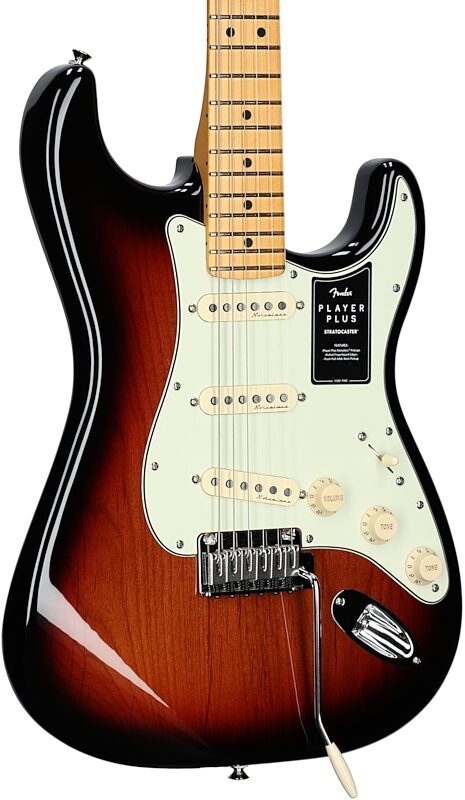 Fender Player Plus Stratocaster Electric Guitar, Maple Fingerboard (with Gig Bag), 3-Color Sunburst, Full Left Front